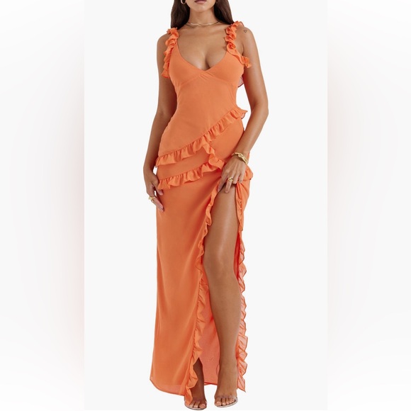 NWT House of CB pixie ruffle Georgette Body-con Cocktail Dress - Picture 5 of 12